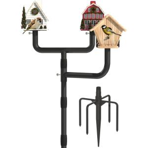 imageGarbuildman 105 Inch Smart Bird Feeder Pole with Reinforced 5Prong Base Adjustable Birdhouse Pole for Outdoors Heavy Duty Bird Feeder Stand Mounting Kit for Wild Birds Watching DoubleHeadThreehead
