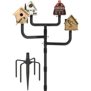 imageGarbuildman 105 Inch Smart Bird Feeder Pole with Reinforced 5Prong Base Adjustable Birdhouse Pole for Outdoors Heavy Duty Bird Feeder Stand Mounting Kit for Wild Birds Watching DoubleHeadFourhead