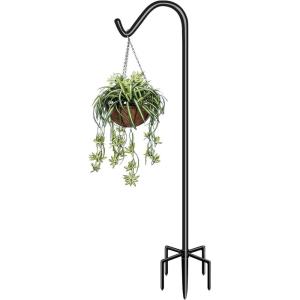 imageGarbuildman 92 Inch Tall Shepherd Hooks with 5Forked Base Adjustable Heavy Duty Bird Feeder Pole Stand Hanger for Outdoor Shiny Black 1 Pack76 inch