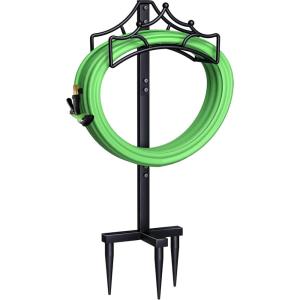 imageGarbuildman Garden Hose Holder Stand Outdoor Water Pipe Metal Reel Rack Shiny Black3Spike Crown