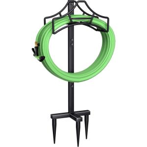 imageGarbuildman Garden Hose Holder Stand Outdoor Water Pipe Metal Reel Rack Shiny Black3Spike Volcano