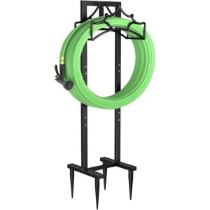 imageGarbuildman Garden Hose Holder Stand Outdoor Water Pipe Metal Reel Rack Shiny Black4Spike Crown
