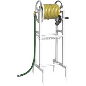 imageGarbuildman Ground Mount Garden Hose Reel Holds 125 Feet of 58Inch with 39 ft Leader Hose Brass Fitting Water Hose Holder Stand with Storage Rack ampamp 4 Spikes Base for Outdoor Lawn GreenWhite
